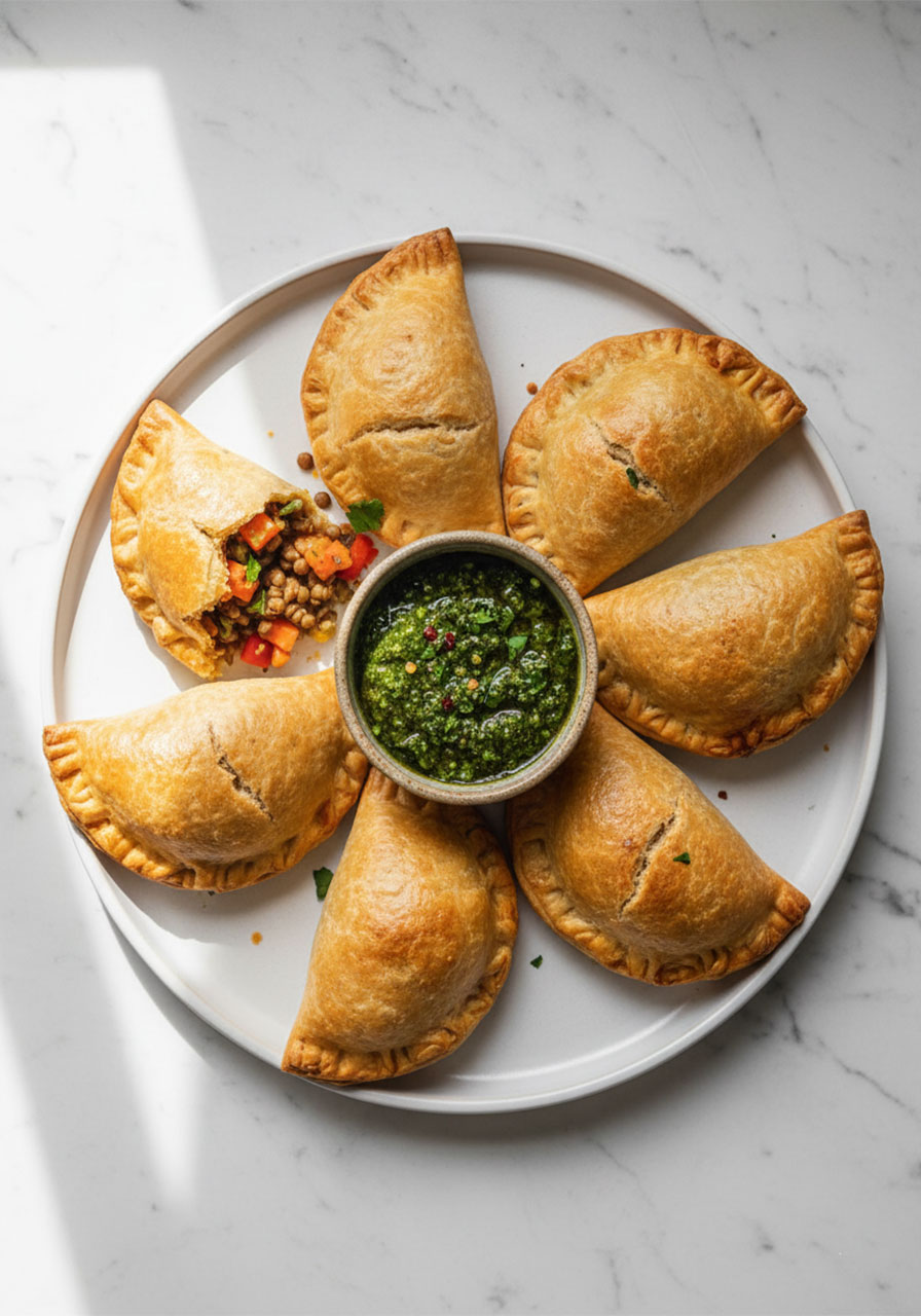 Golden baked vegan lentil empanadas with chimichurri dipping sauce on a white plate
