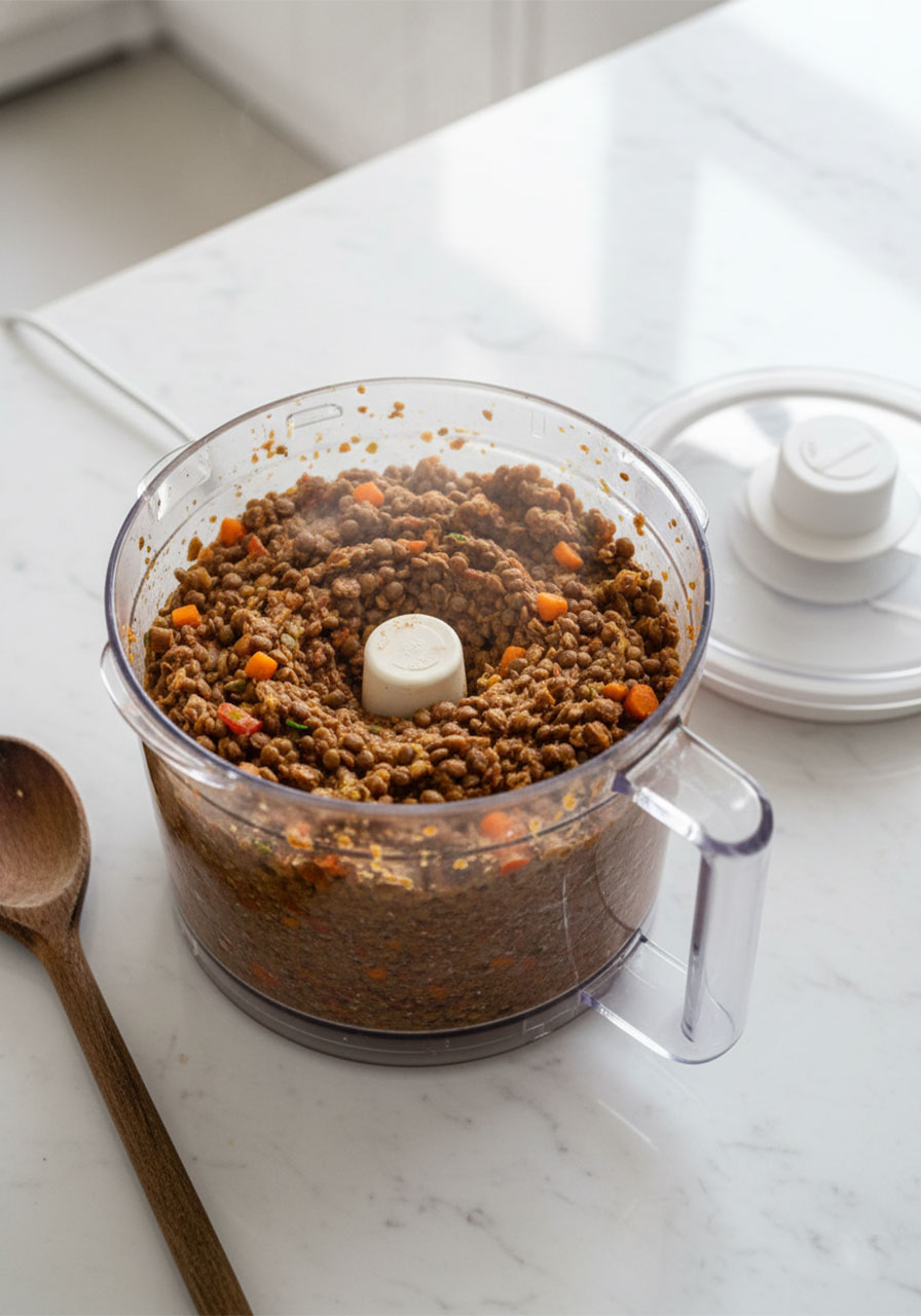 Blended vegan lentil enchilada filling mixture in food processor showing thick hearty texture