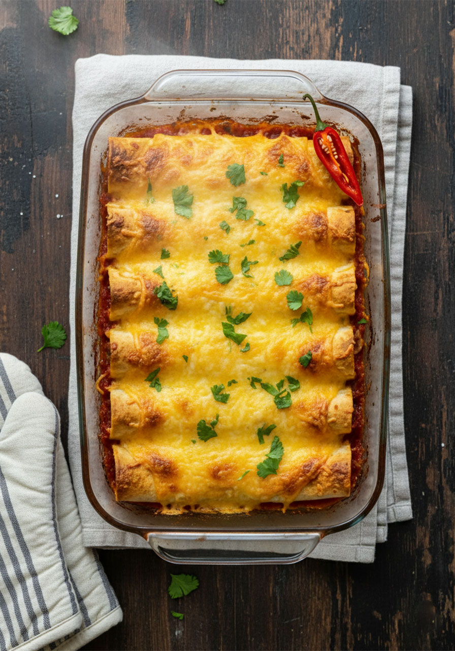 Freshly baked vegan lentil enchiladas in glass dish topped with bubbling golden vegan cheese sauce and cilantro