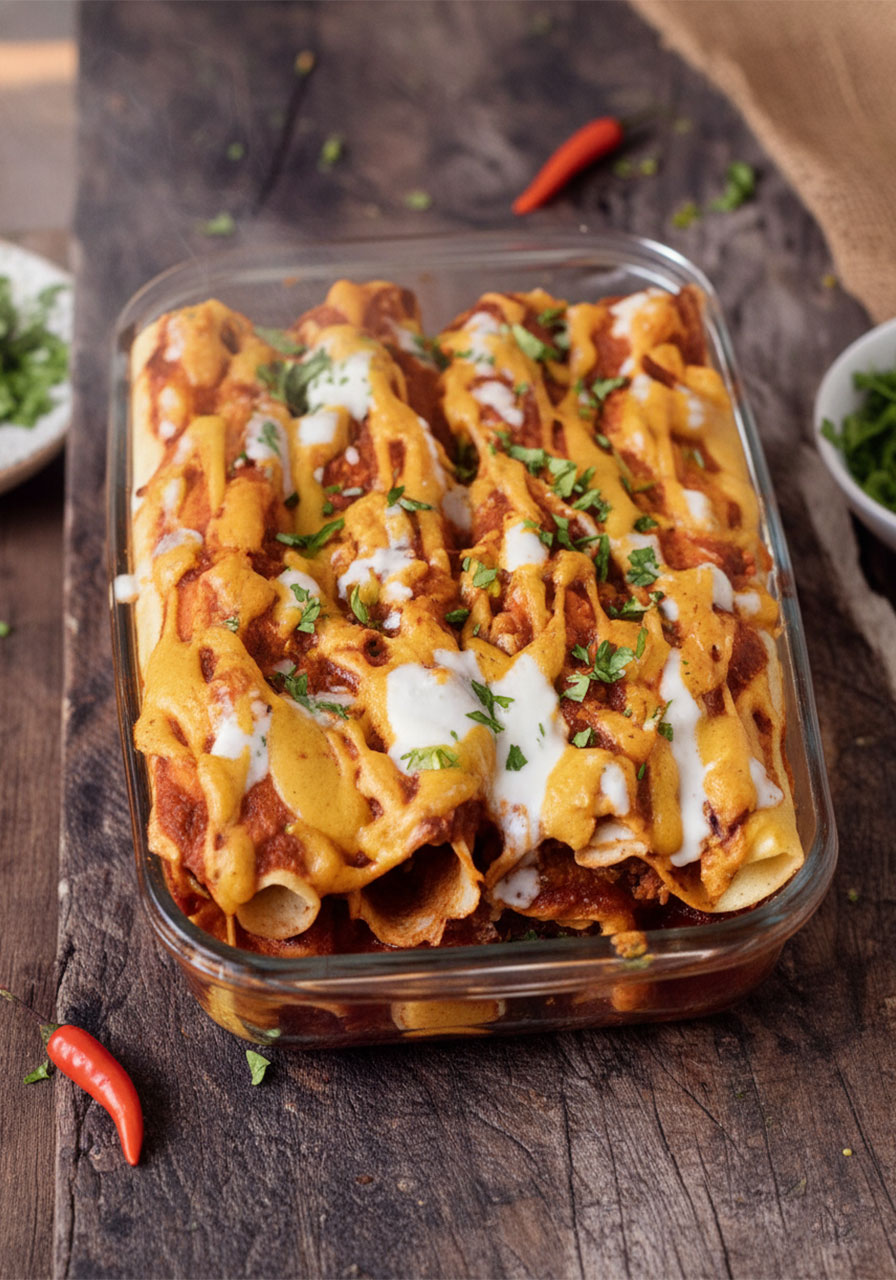 Vegan lentil enchiladas in glass baking dish topped with red sauce, vegan cheese, and fresh cilantro