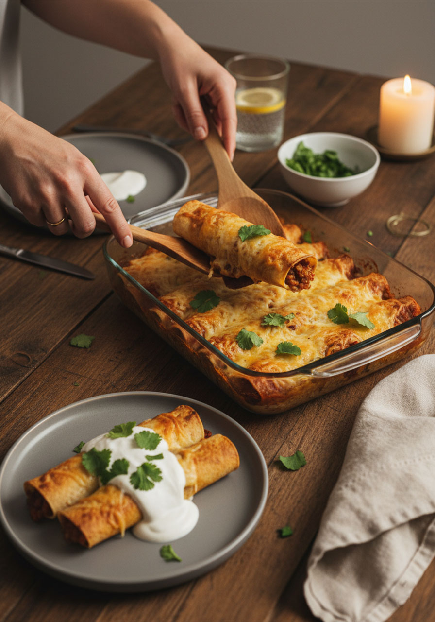 Woman serving vegan lentil enchiladas from baking dish onto plate at a warm cozy family dinner table