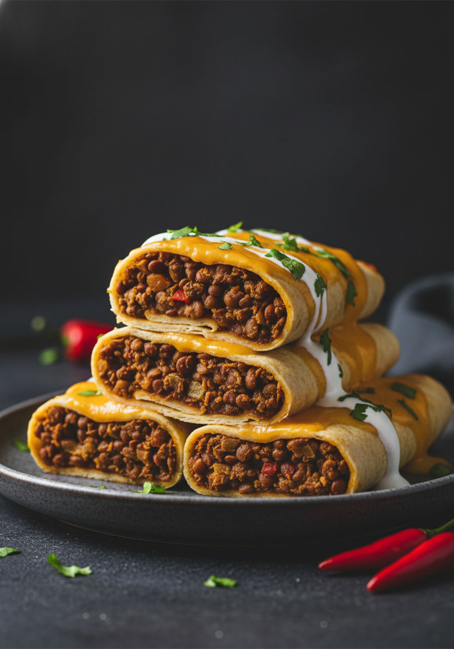 Stacked vegan lentil enchiladas showing hearty high-protein lentil filling — easy plant-based dinner recipe