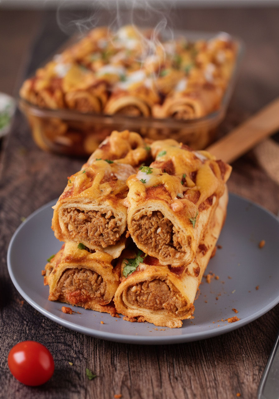 Cross-section of vegan lentil enchiladas stacked on a grey plate showing hearty protein-rich lentil filling