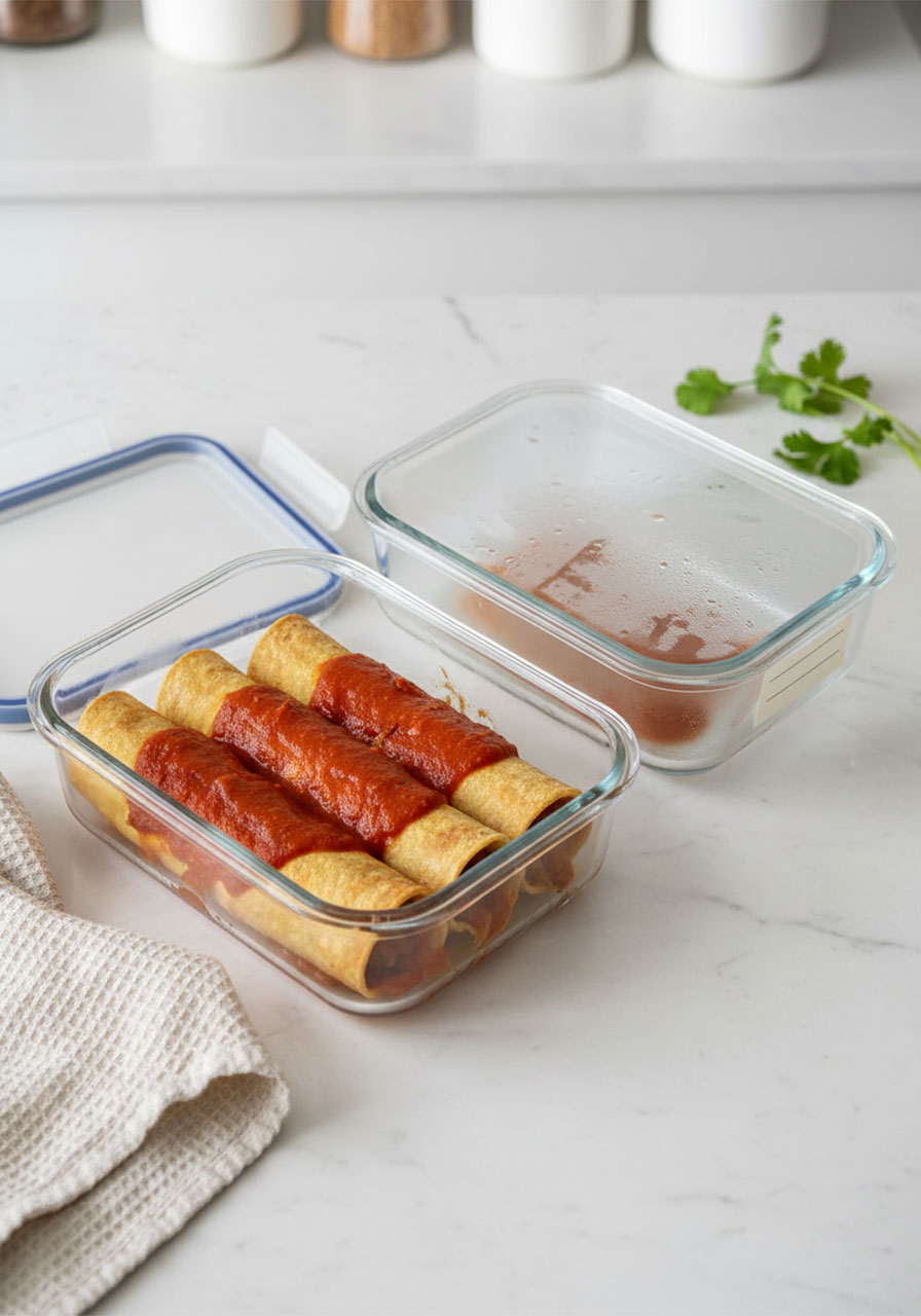 Vegan lentil enchiladas stored in glass meal prep containers for freezer-friendly weekly meal prep