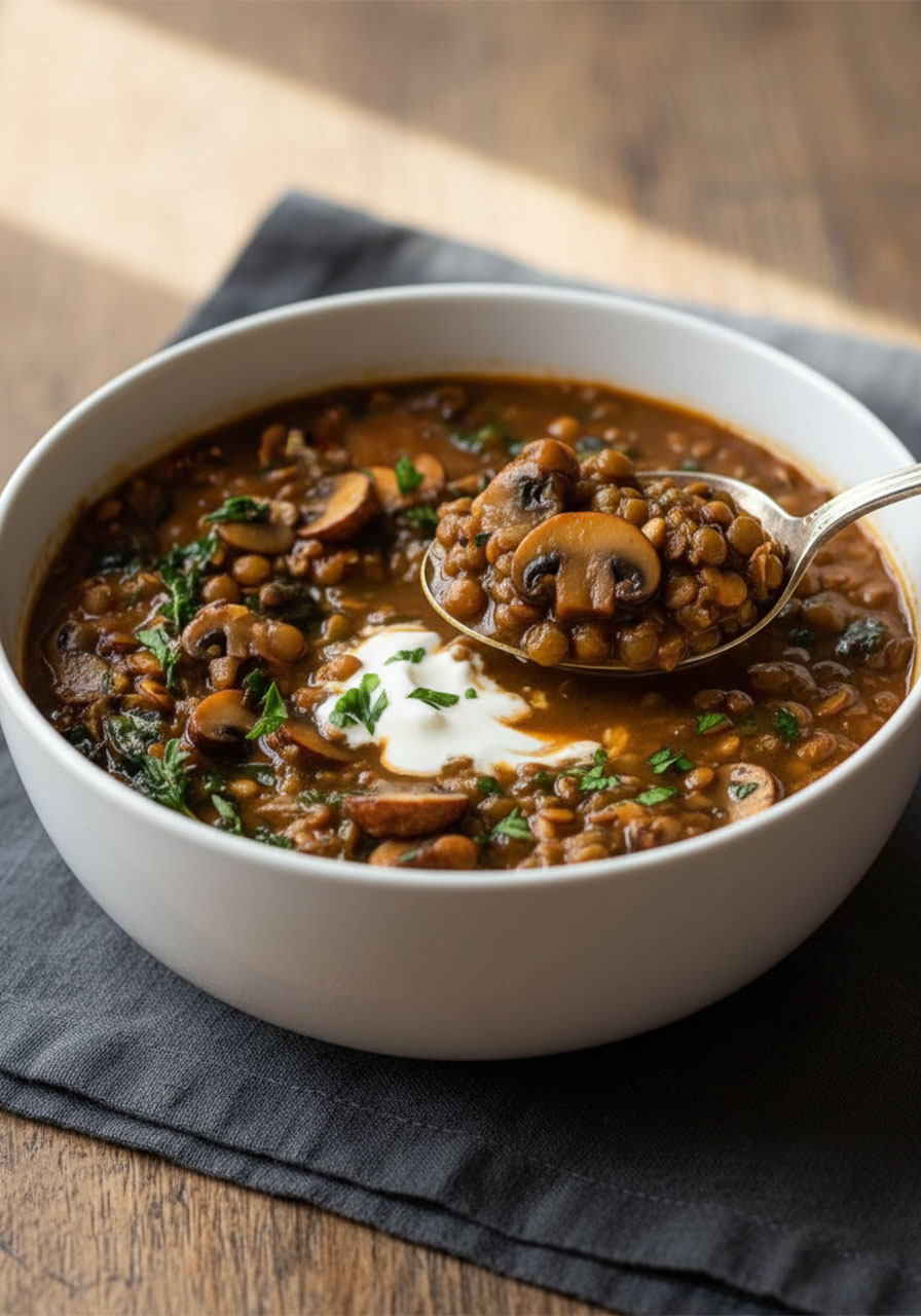 Close-up of vegan lentil mushroom stew served in a white bowl with parsley and vegan sour cream