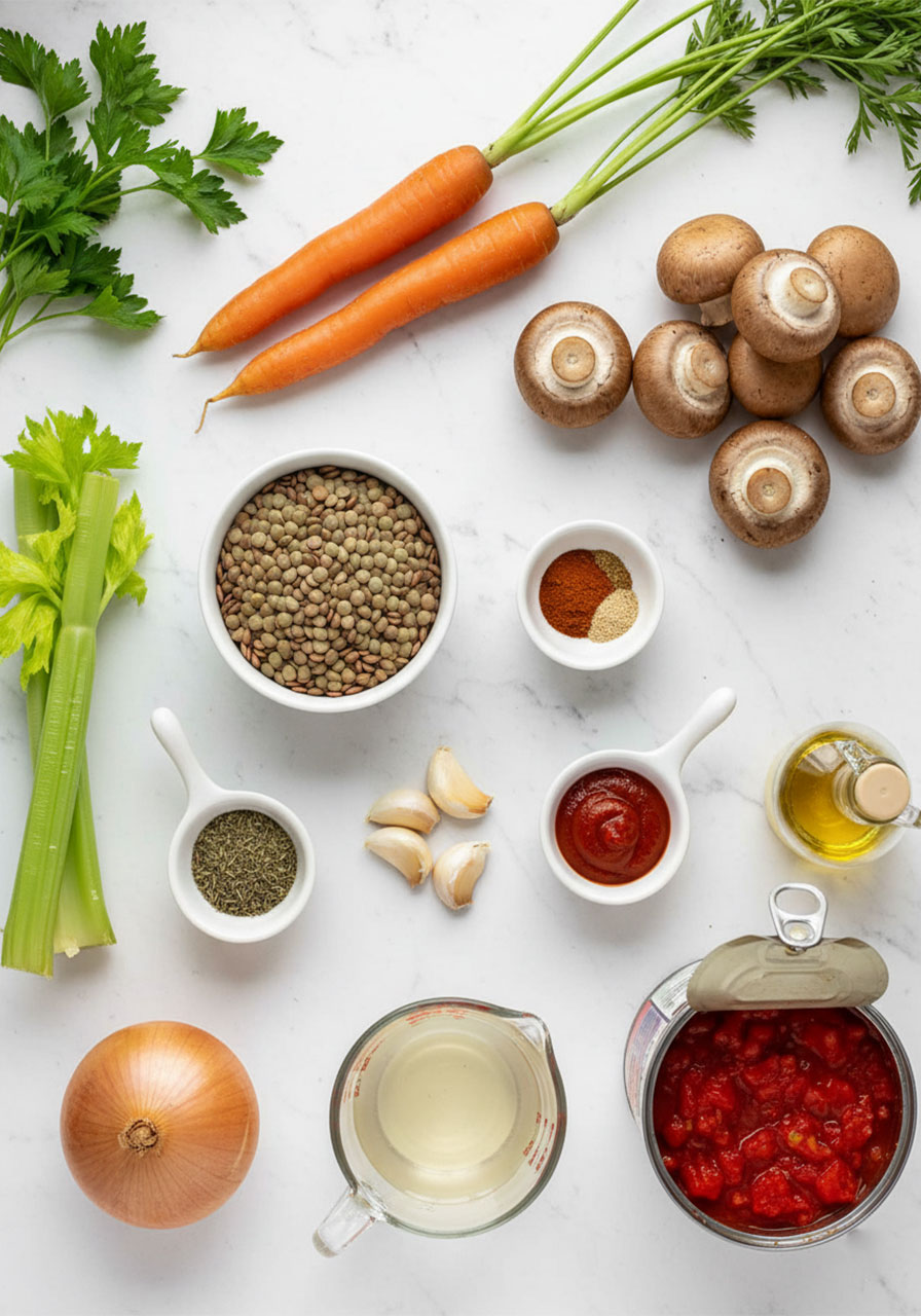 All fresh ingredients for vegan lentil mushroom stew including lentils, cremini mushrooms, carrots, celery, and spices