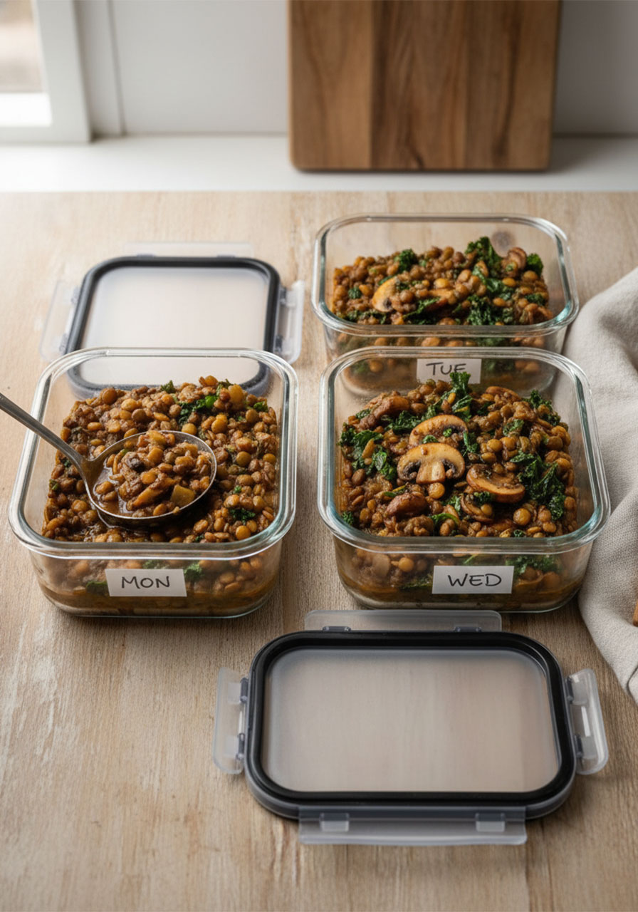 Vegan lentil mushroom stew portioned into glass meal prep containers for weekly storage