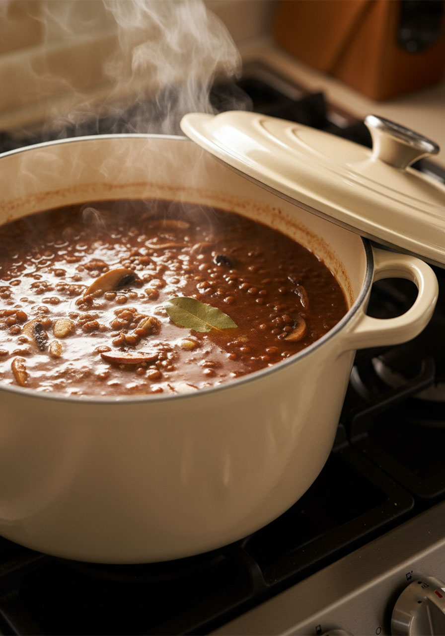 Vegan lentil mushroom stew gently simmering in a Dutch oven on low heat