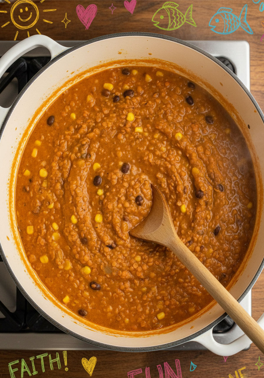 Vegan lentil tortilla soup after simmering in a Dutch oven showing thick creamy orange-red texture with black beans and corn visible