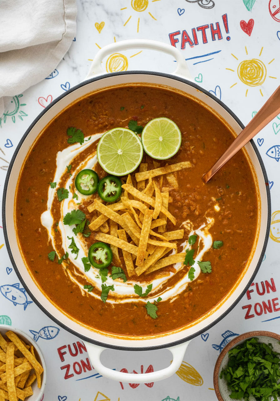 Full Dutch oven of finished creamy vegan lentil tortilla soup garnished with lime, jalapeño, tortilla strips, and cilantro ready to serve