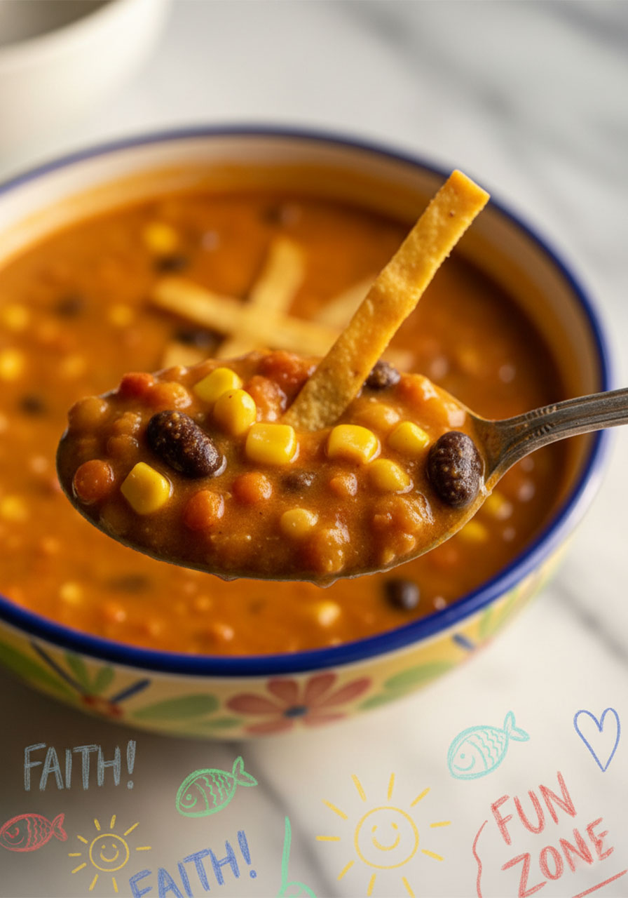 Close-up spoonful of creamy vegan lentil tortilla soup showing black beans, corn, and rich orange broth texture