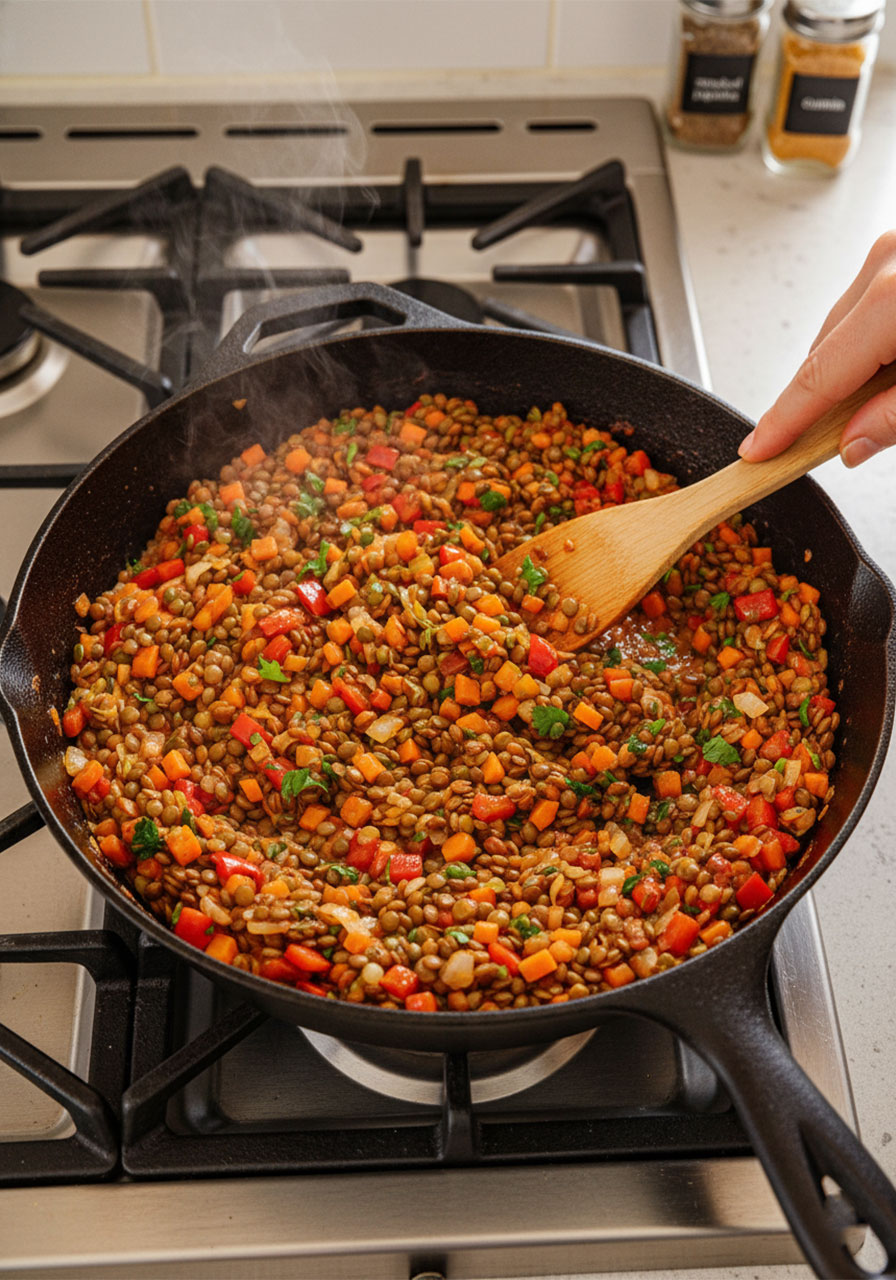 Colorful lentil and vegetable empanada filling cooking in a cast iron skillet