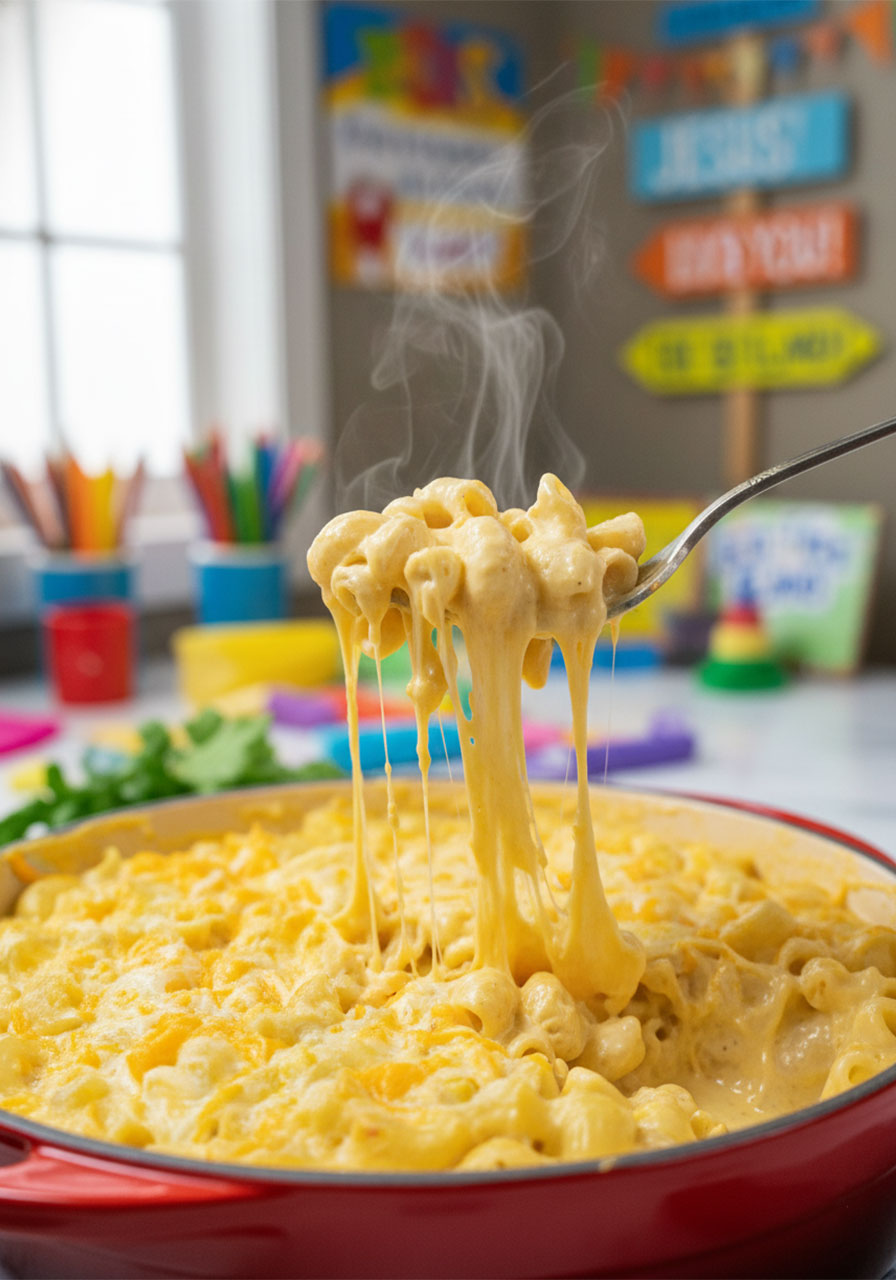 Fork lifting creamy Southern vegan mac and cheese showing stretchy melted cheese pull