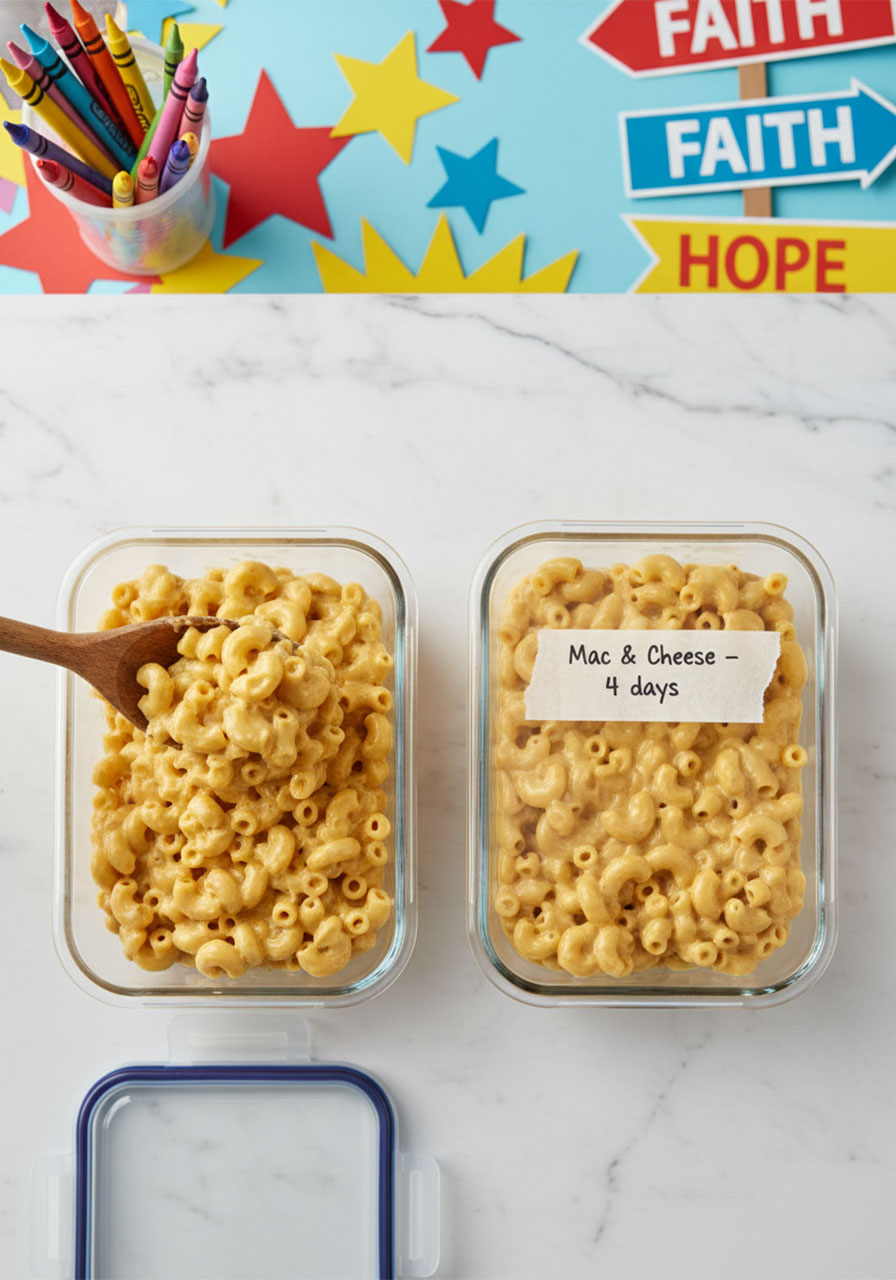 Glass airtight containers being filled with leftover Southern vegan mac and cheese for fridge or freezer storage
