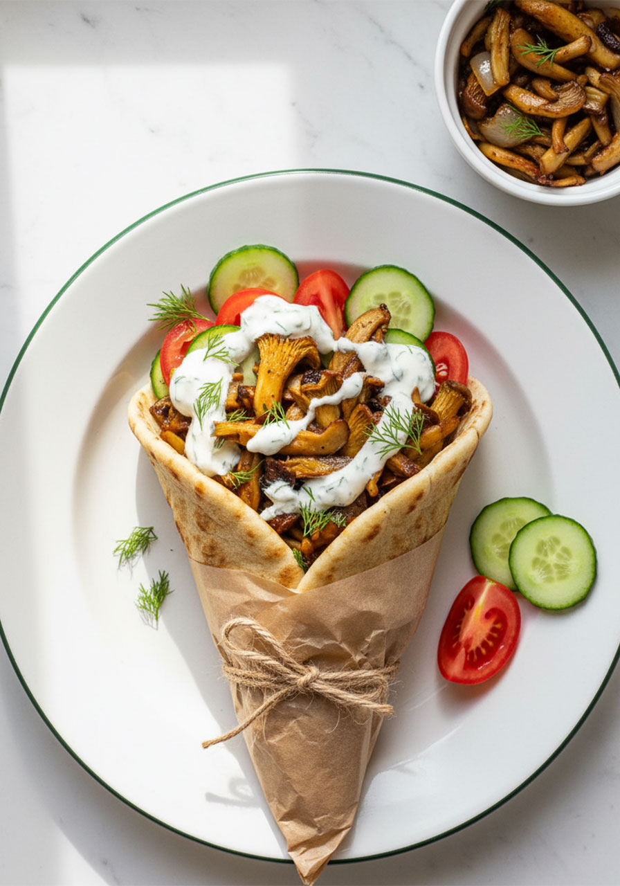Fully assembled vegan mushroom gyros in pita bread on a plate with tzatziki sauce, fresh tomato, cucumber, and dill