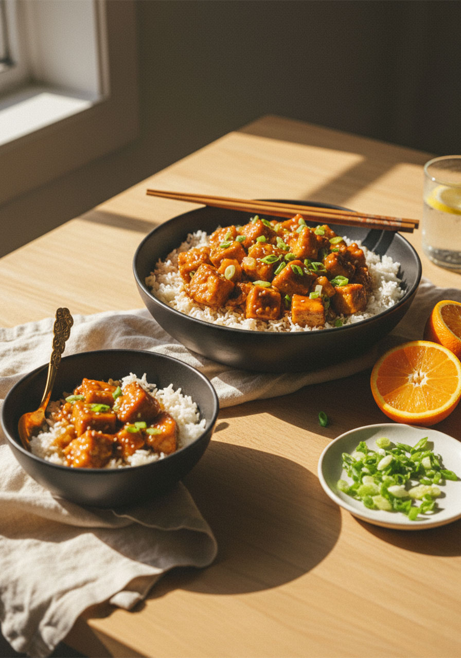 Vegan orange tofu dinner served family-style on a warm dining table with rice, chopsticks and fresh orange garnish
