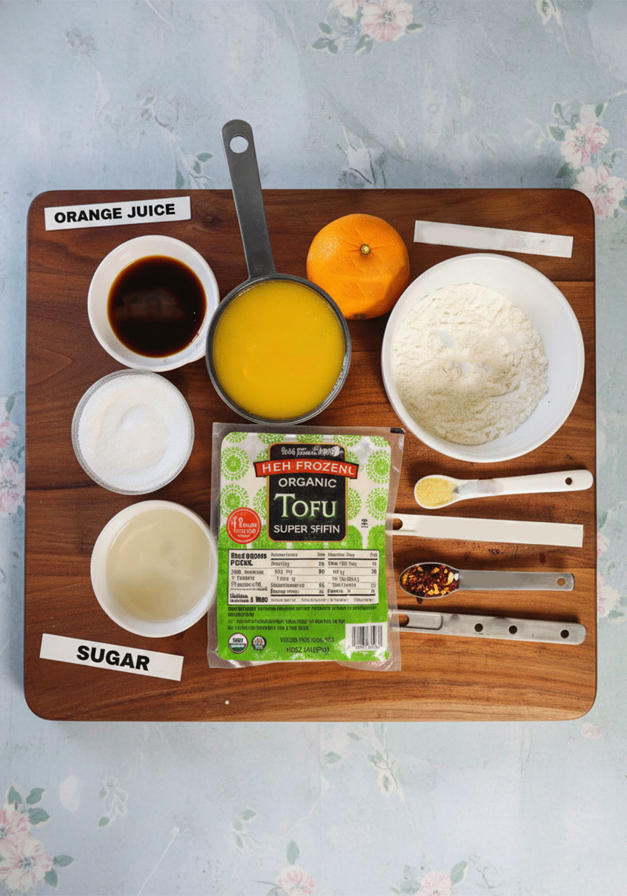All ingredients for vegan orange tofu recipe laid out flat including tofu, orange juice, tamari, flour, cornstarch, ginger, and garlic