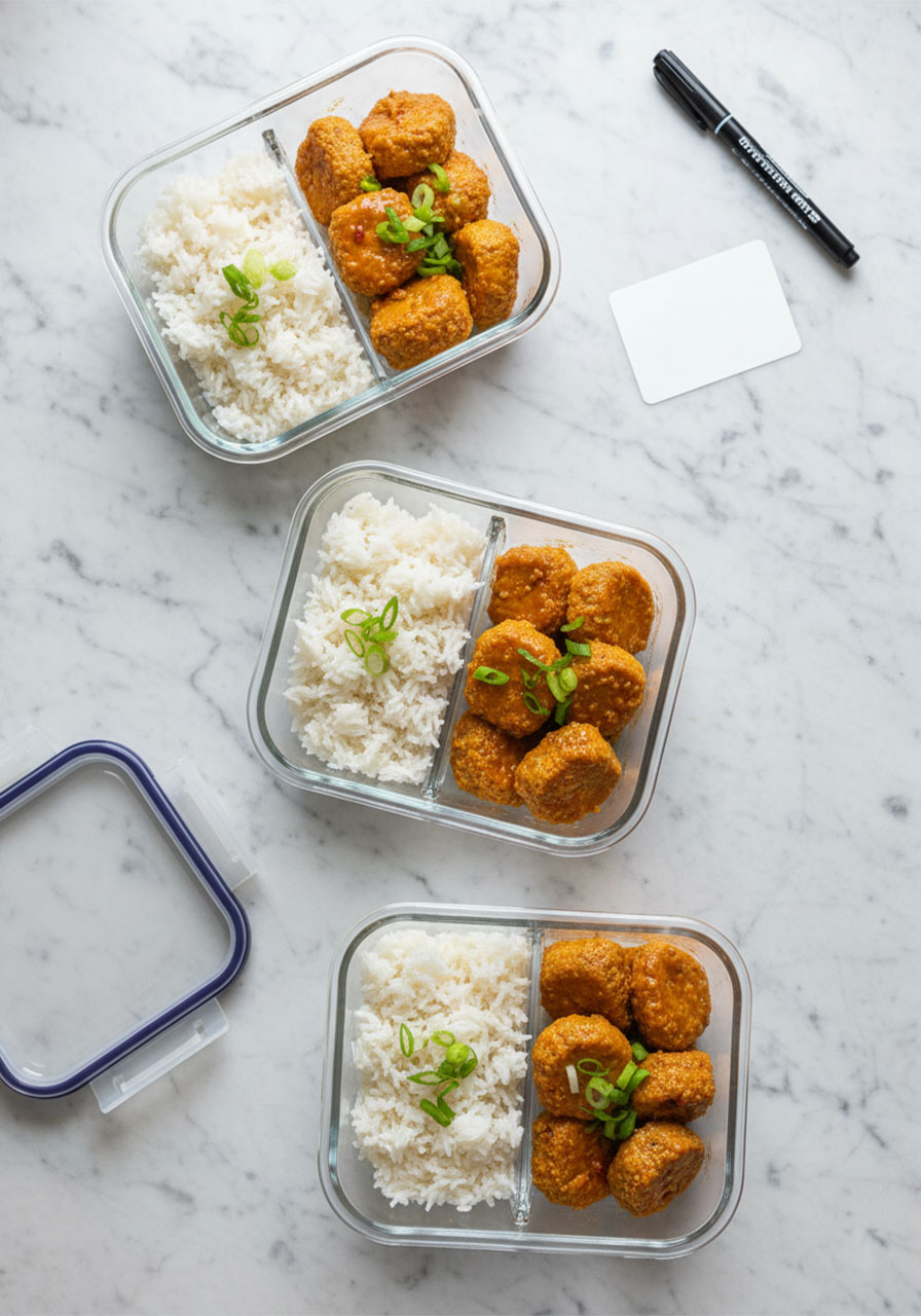 Three glass meal prep containers filled with vegan orange tofu and steamed rice for easy high-protein weekly meal prep
