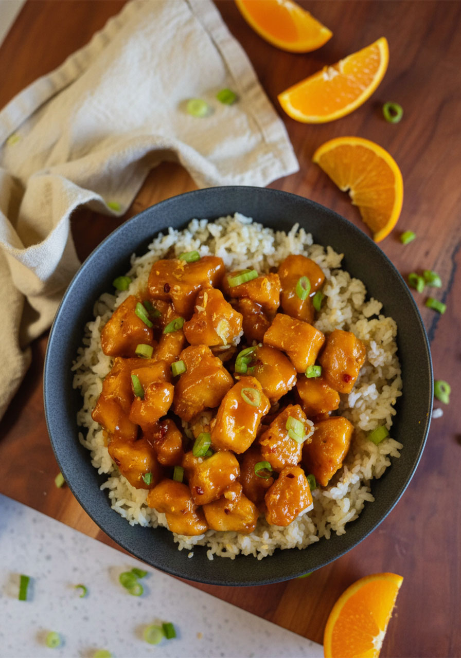 Vegan orange tofu served over steamed white rice in a dark ceramic bowl, topped with glossy orange sauce and sliced green onions