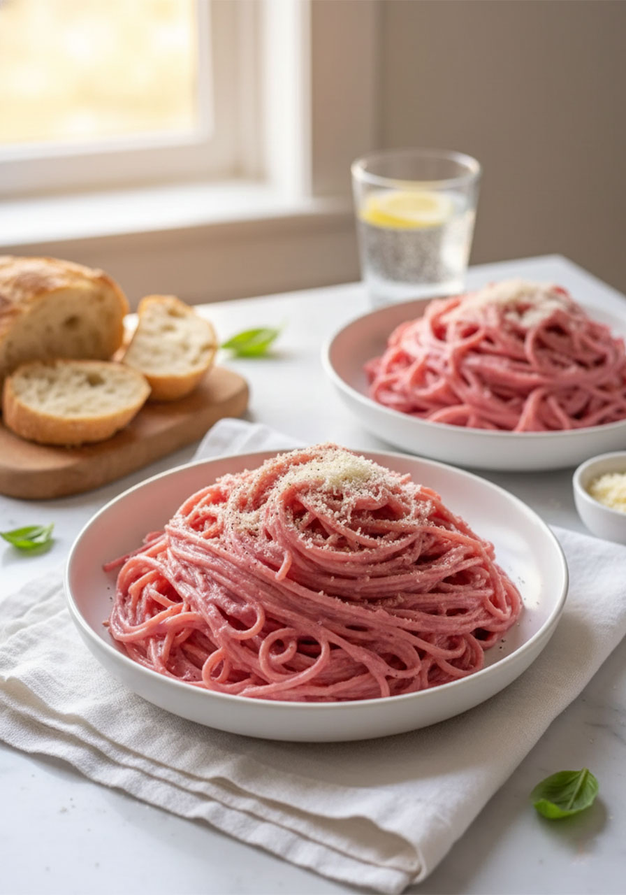 Cozy dinner table setting with two bowls of creamy vegan pink pasta, crusty bread, and sparkling water