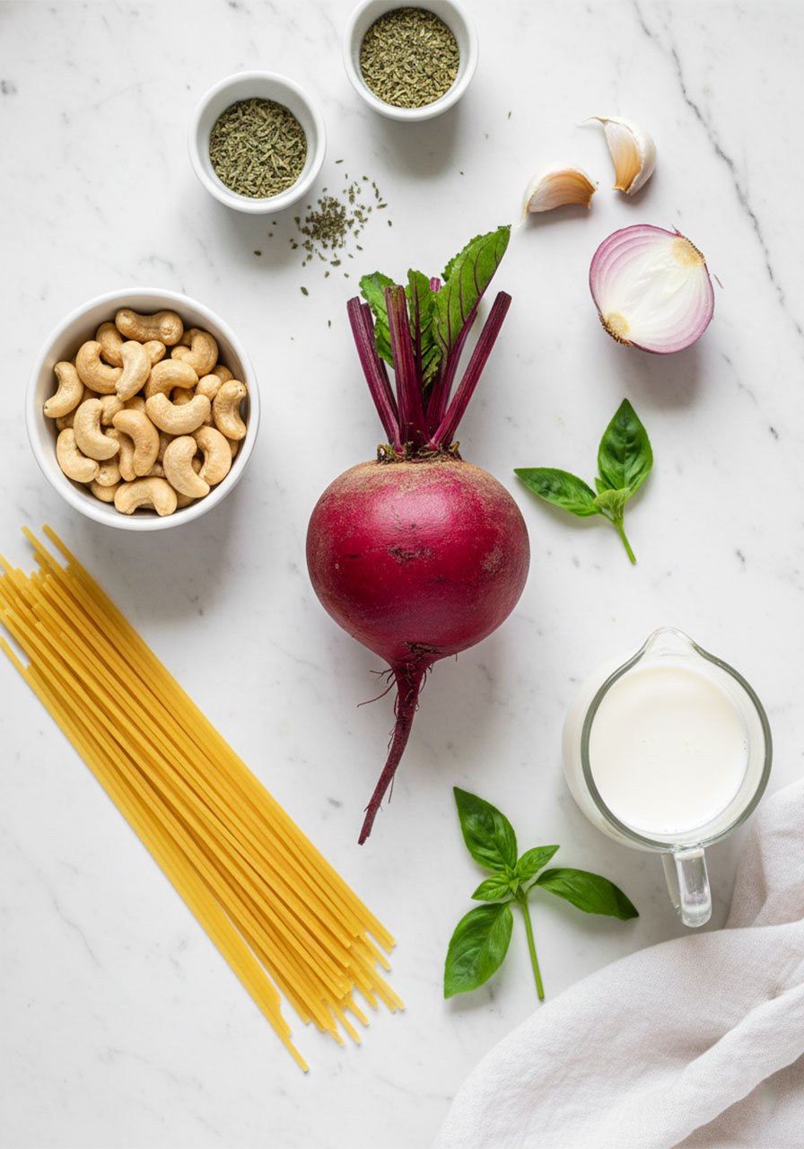 Flat lay of vegan pink pasta ingredients including raw beets, cashews, garlic, shallot, and dried spaghetti on white marble