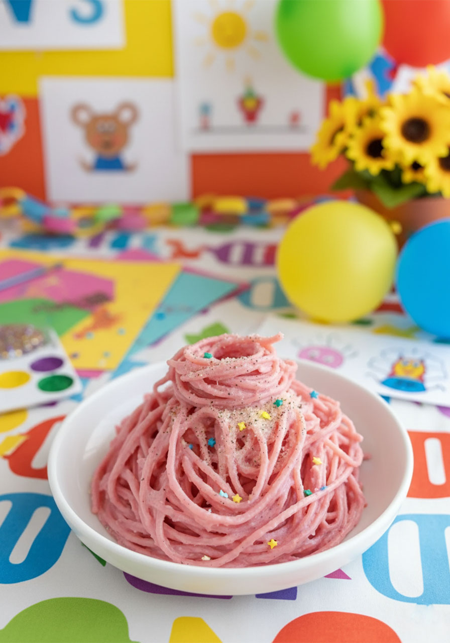 Three-quarter view of creamy vegan pink pasta on white plate with beet cashew sauce and vegan parmesan
