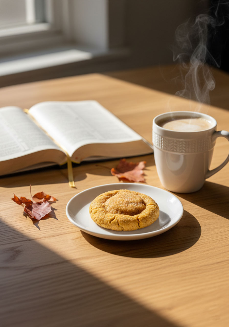 Vegan pumpkin cheesecake cookie on a plate beside a warm latte and open Bible in cozy autumn light