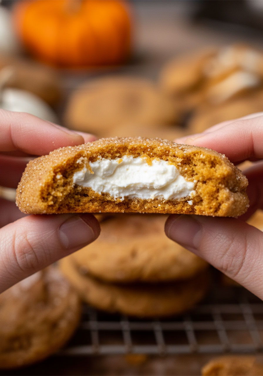 Close-up of vegan pumpkin cheesecake cookie broken open showing creamy dairy-free cream cheese filling inside
