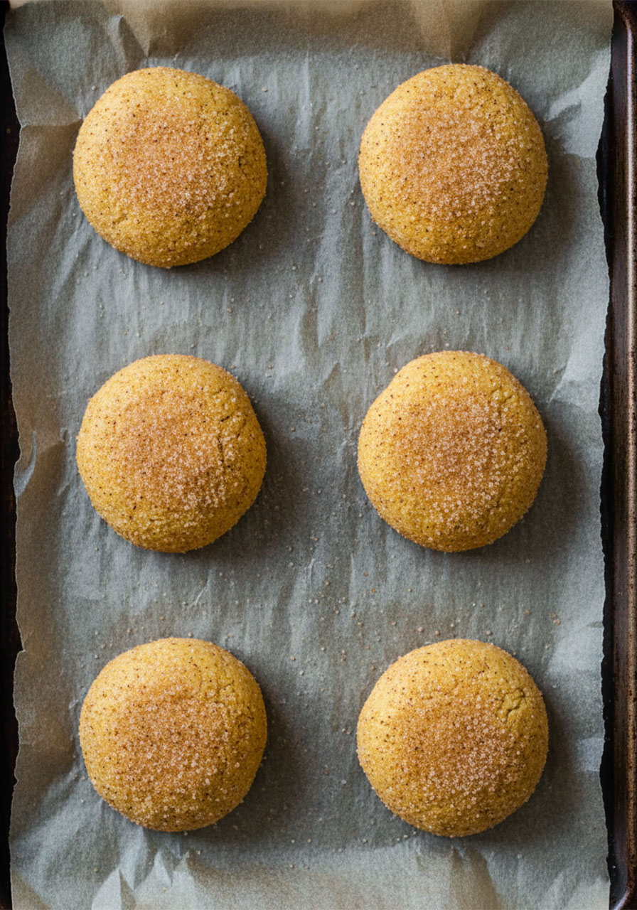 Six sugar-coated vegan pumpkin cheesecake cookie dough balls on a parchment-lined baking sheet before baking