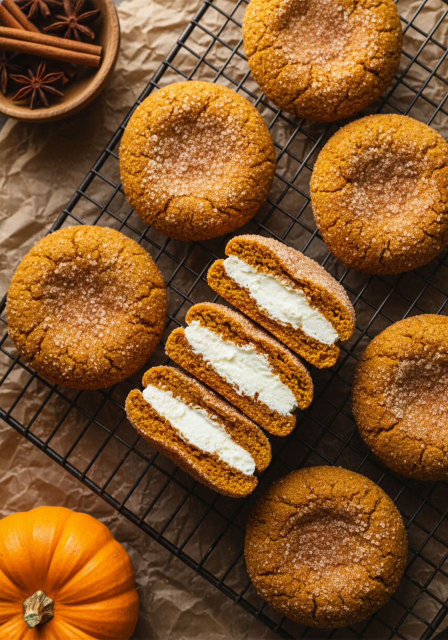 Soft and chewy vegan pumpkin cheesecake cookies with cream cheese filling on a wire cooling rack