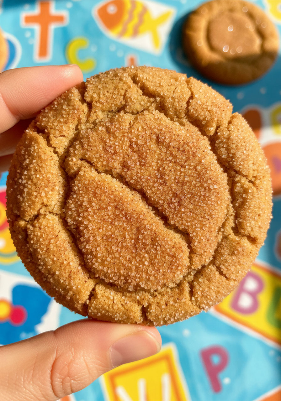 Close-up macro of a vegan snickerdoodle cookie showing thick cinnamon sugar coating and soft golden-brown texture