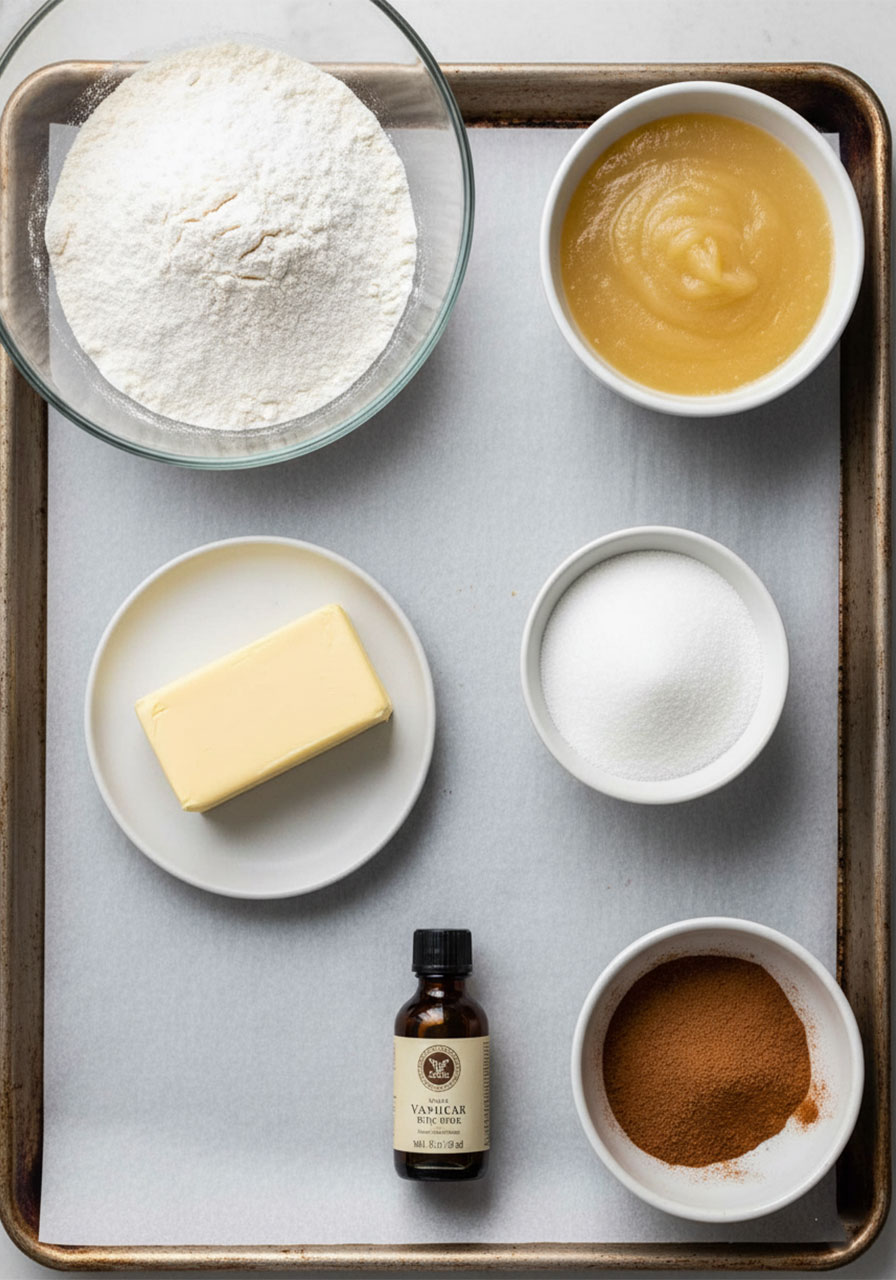 Flat lay of gluten free vegan snickerdoodle ingredients including vegan butter, applesauce, flour, cream of tartar and cinnamon sugar