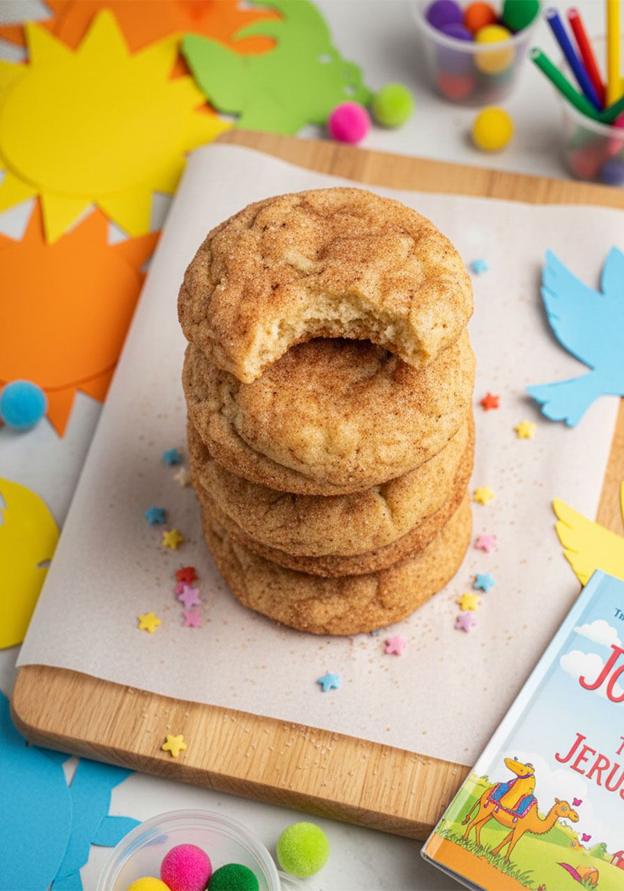 Close-up of stacked vegan snickerdoodle cookies showing soft chewy interior with cinnamon sugar coating