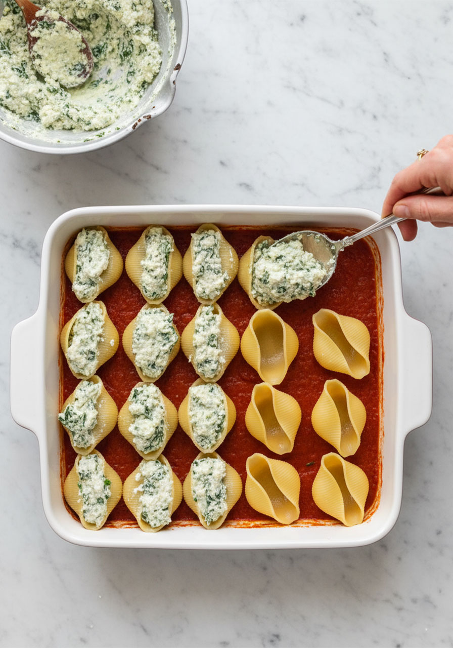 Assembling vegan stuffed shells in a white casserole dish with marinara sauce and dairy-free spinach ricotta filling