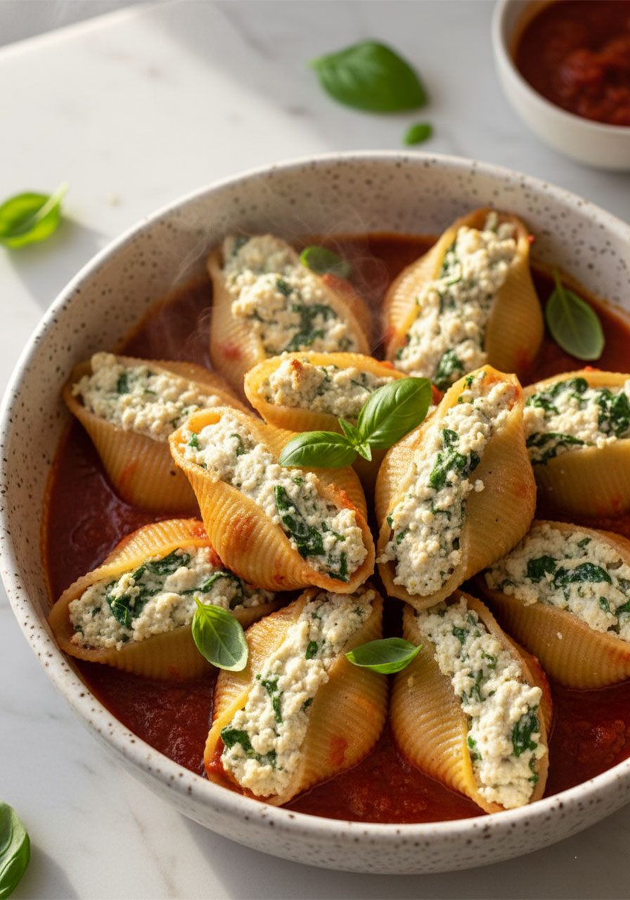 Vegan stuffed shells with creamy cashew ricotta and spinach in marinara sauce served in a white ceramic bowl