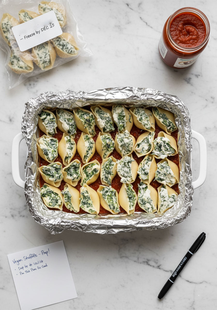Vegan stuffed shells prepared as a freezer meal in a casserole dish and individual freezer bags for easy make-ahead dinners