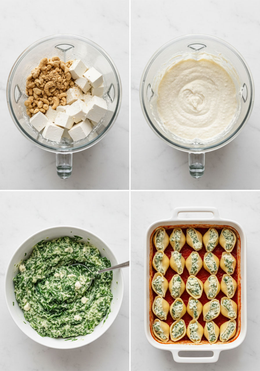 Step-by-step process collage showing how to make vegan stuffed shells with dairy-free ricotta and spinach