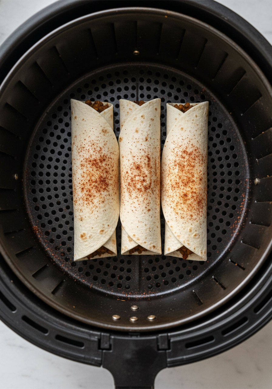 Three vegan taquitos placed seam-side down in an air fryer basket ready to cook
