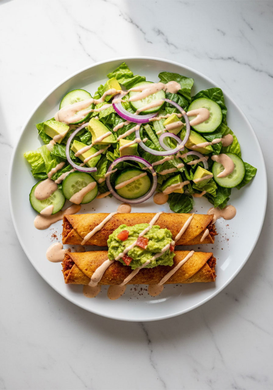 Plated vegan taquitos with guacamole and southwest salad for a complete healthy dinner