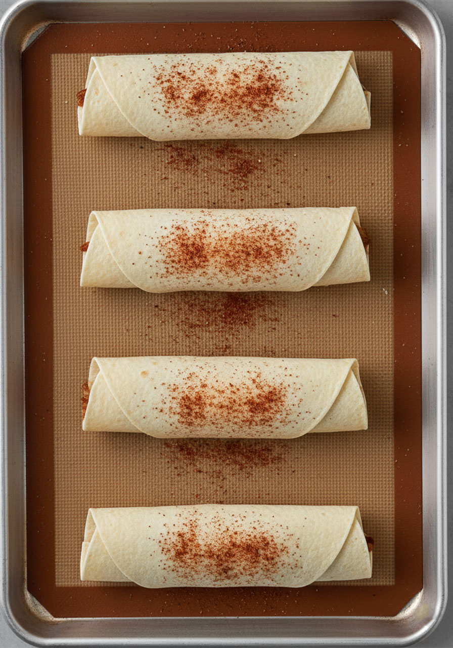 Six rolled vegan taquitos dusted with chili powder on a silicone baking mat ready to bake