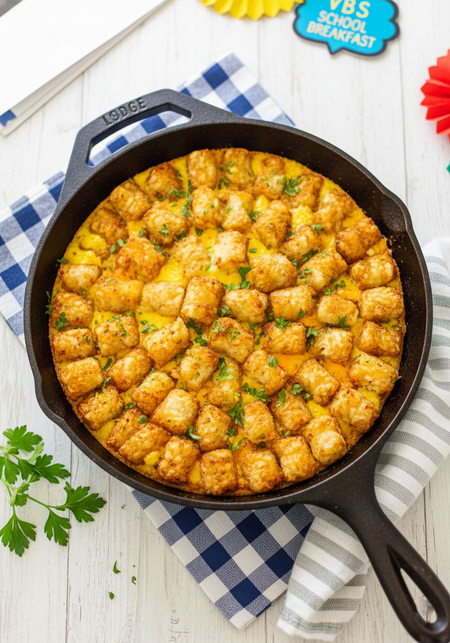 Vegan tater tot breakfast casserole baked golden in a cast iron skillet topped with fresh parsley