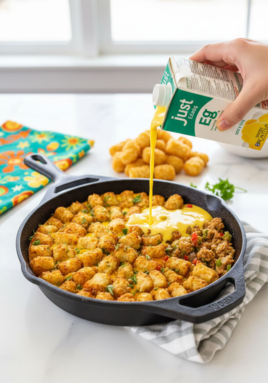 Pouring Just Egg vegan liquid egg over the sausage and veggie layer when assembling vegan tater tot casserole