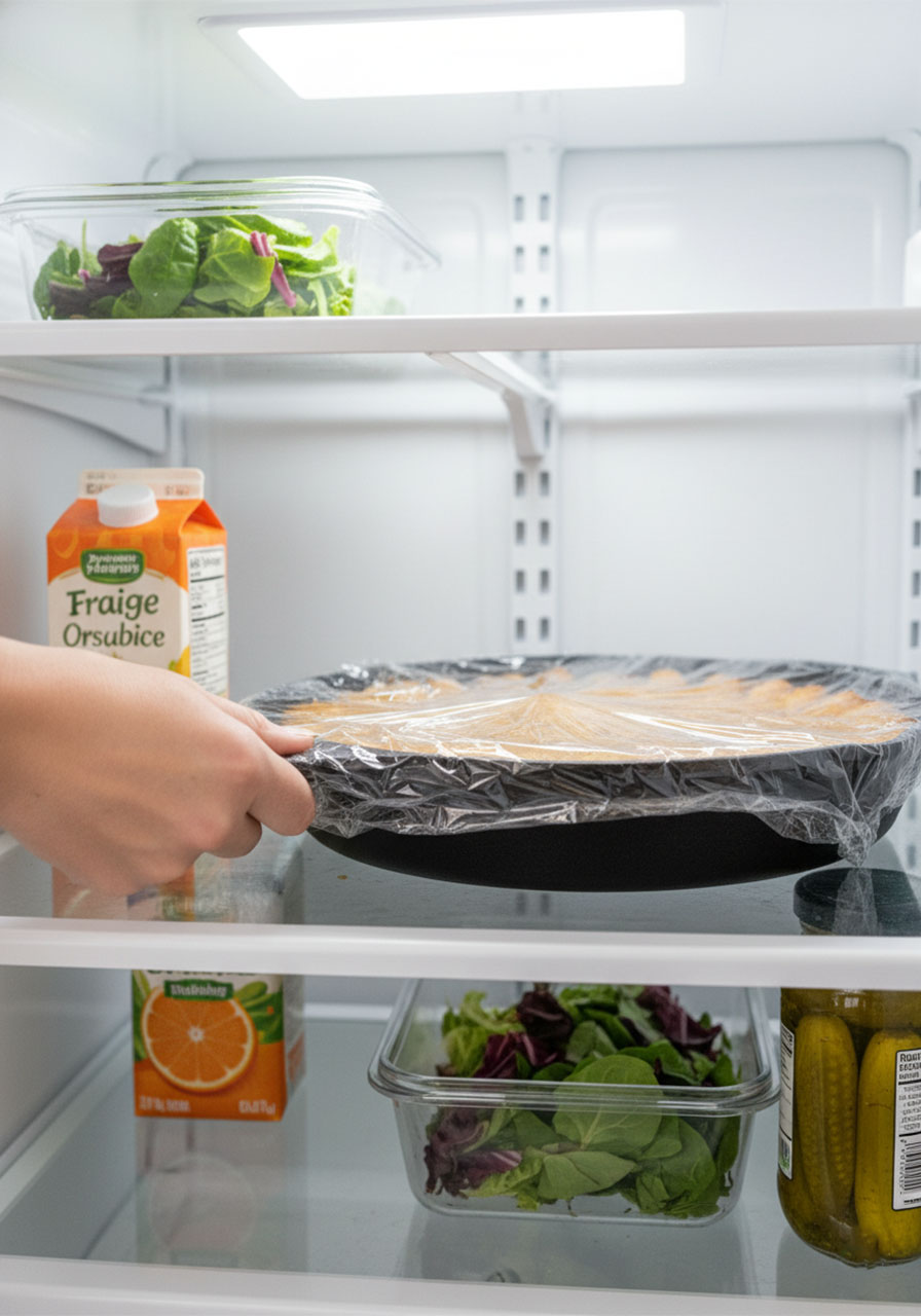 Covering assembled uncooked vegan tater tot casserole with plastic wrap to refrigerate overnight for make-ahead breakfast prep