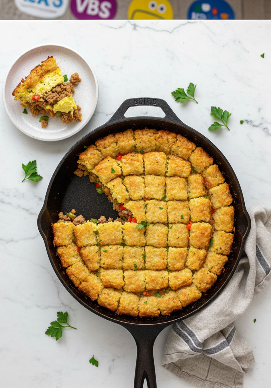 Overhead view of sliced vegan tater tot breakfast casserole in cast iron skillet showing interior layers of sausage veggies egg and crispy tots