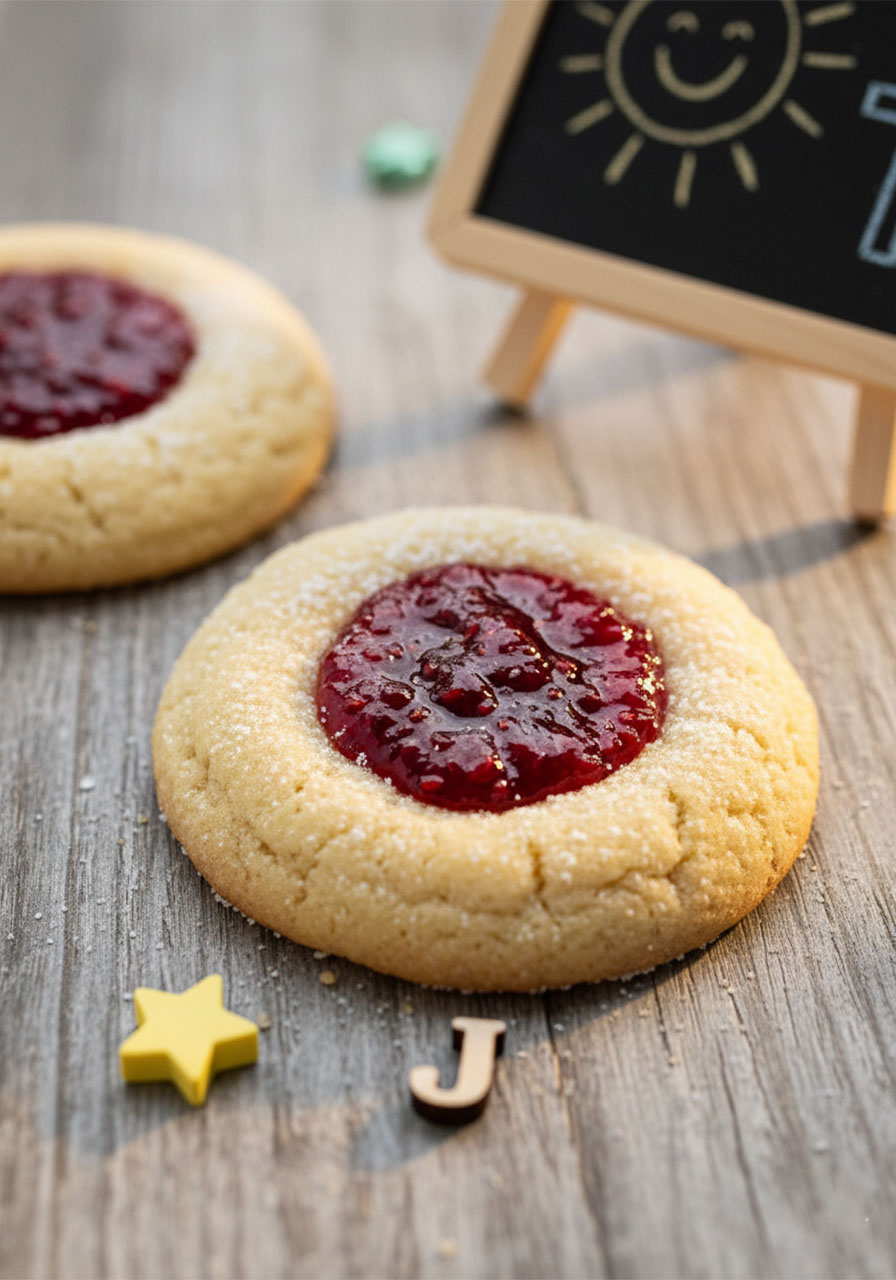 Close up of vegan thumbprint cookie showing buttery crumb and glossy raspberry jam center