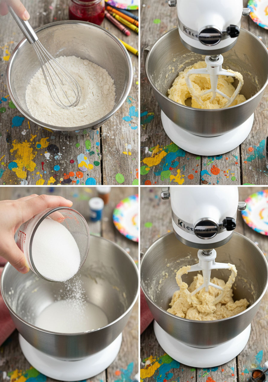 Step by step photos of mixing vegan thumbprint cookie dough in a stand mixer