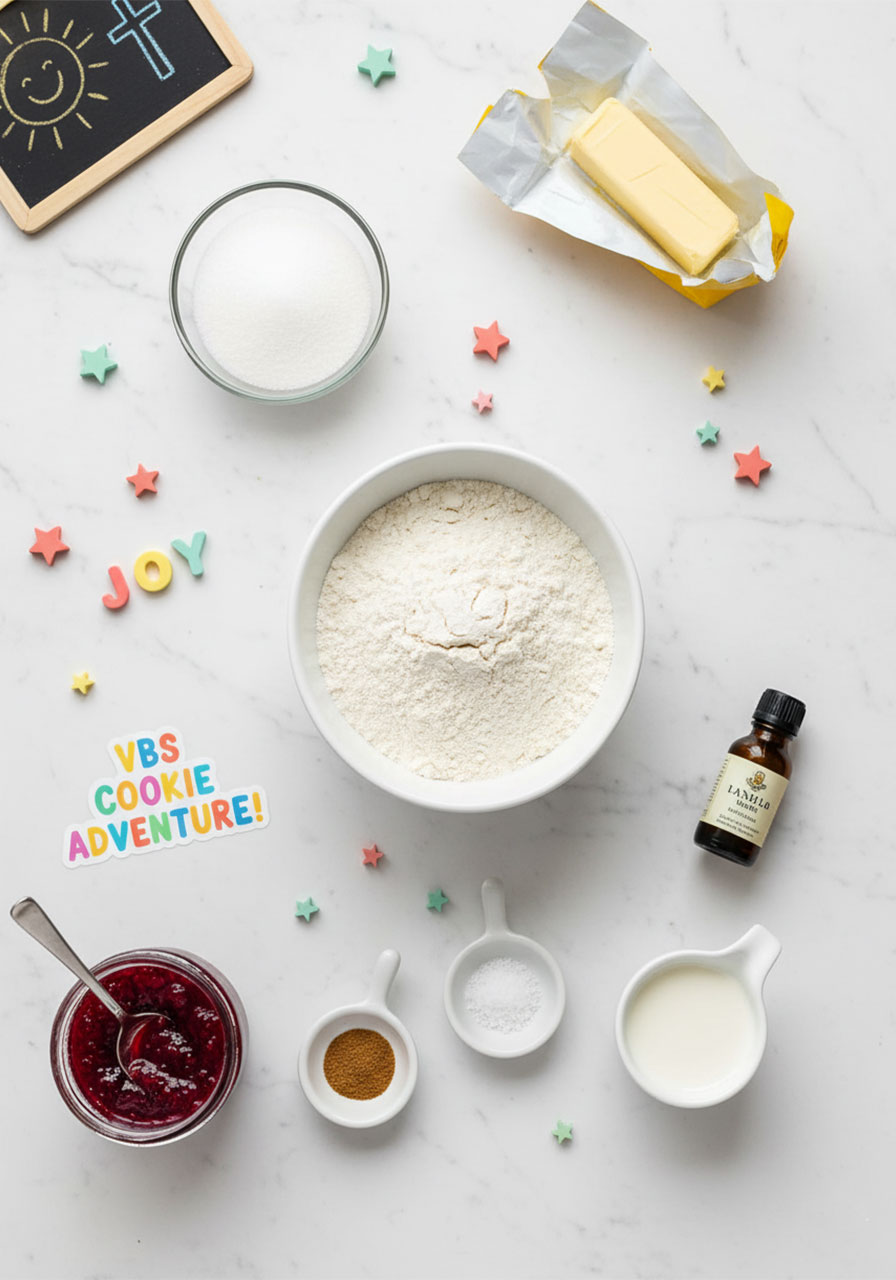 Flat lay of vegan thumbprint cookie ingredients including flour sugar vegan butter and raspberry jam