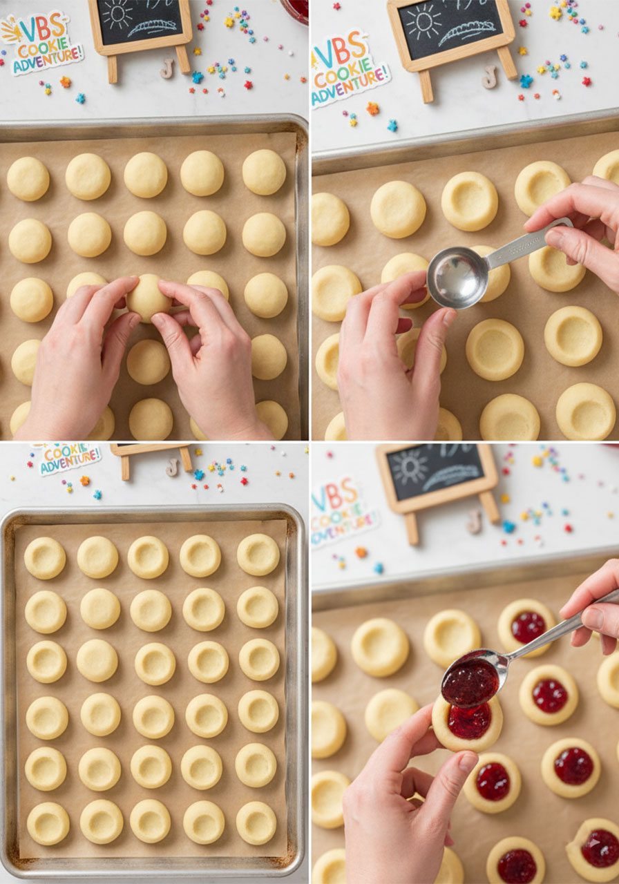 How to shape and fill vegan thumbprint cookies with raspberry jam step by step