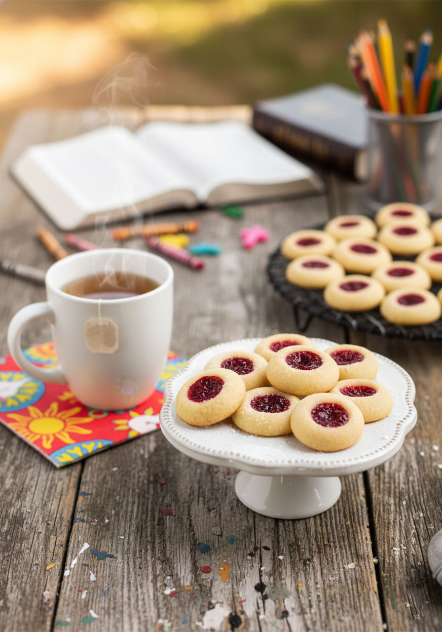 Vegan thumbprint cookies with raspberry jam served alongside a warm cup of herbal tea cozy lifestyle