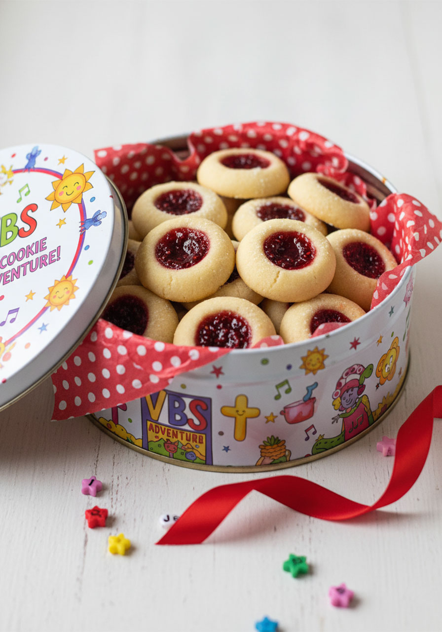 Vegan thumbprint cookies with raspberry jam packed in a holiday gift cookie tin with tissue paper